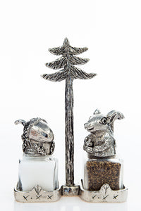 Acorn and Squirrel salt and pepper shaker with a pine-tree carrier, handcrafted by German artist Thomas Leiblein. American pewter, made in the USA.