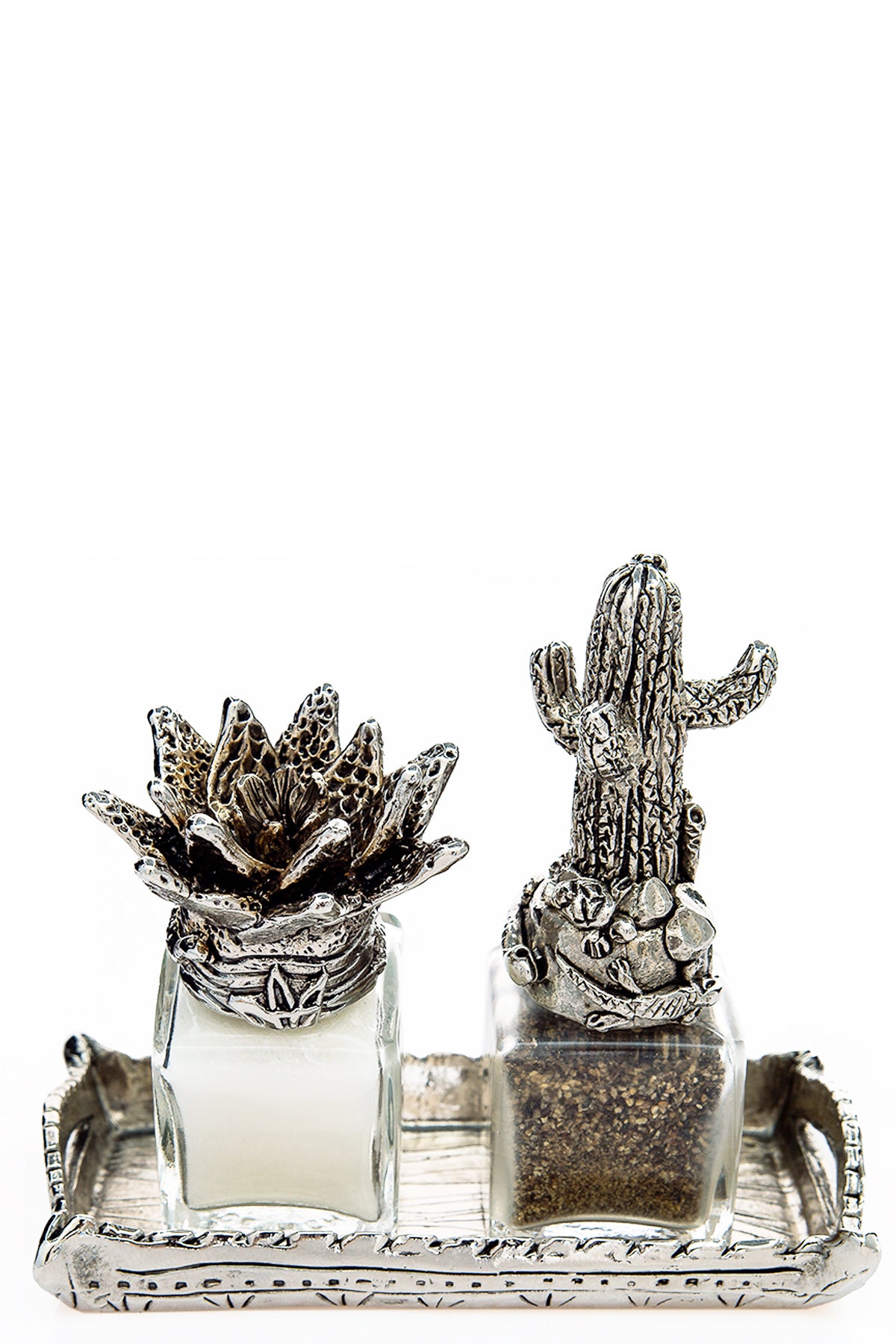 Agave and Cactus salt and pepper shaker with a tray carrier, handcrafted by German artist Thomas Leiblein. American pewter, made in the USA.