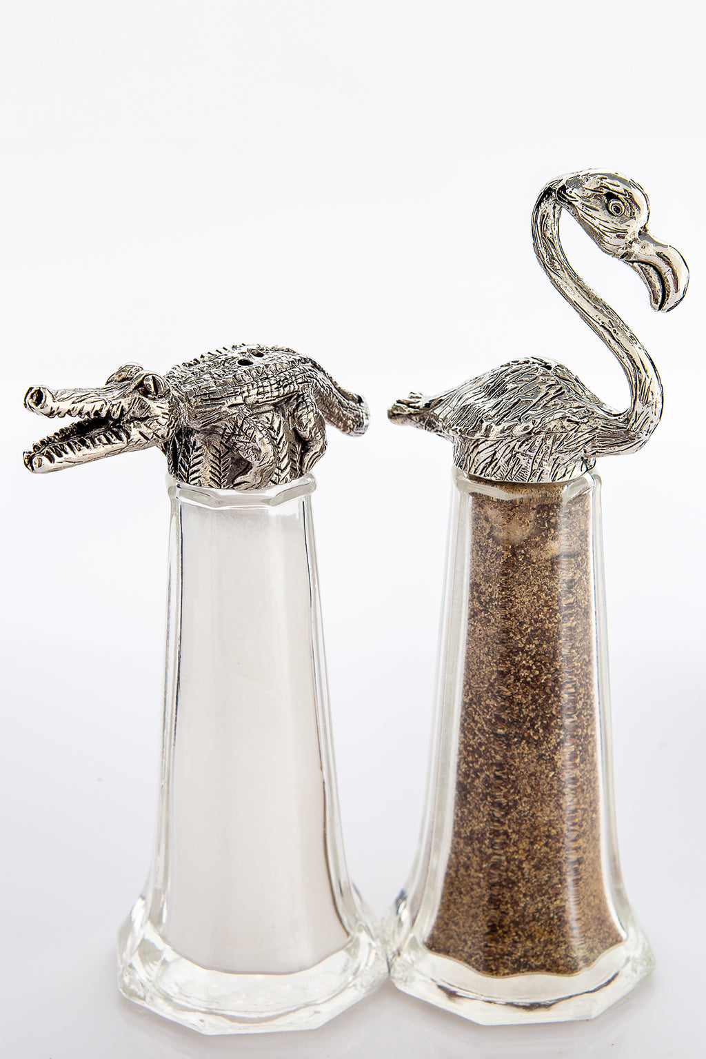 Alligator and Flamingo salt and pepper shaker set, handcrafted by German artist Thomas Leiblein. American pewter, made in the USA.