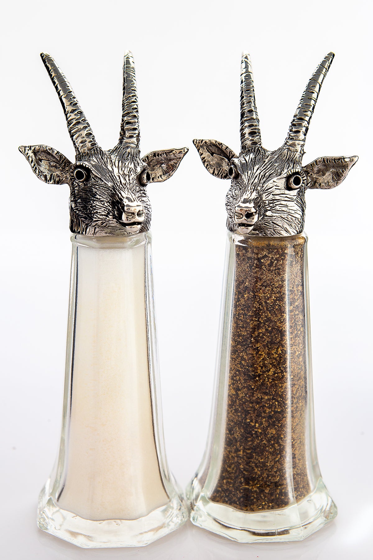 Antelope salt and pepper shaker set, handcrafted by German artist Thomas Leiblein. American pewter, made in the USA.