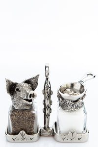 Bacon and Eggs salt and pepper shaker with a basket carrier, handcrafted by German artist Thomas Leiblein. American pewter, made in the USA.