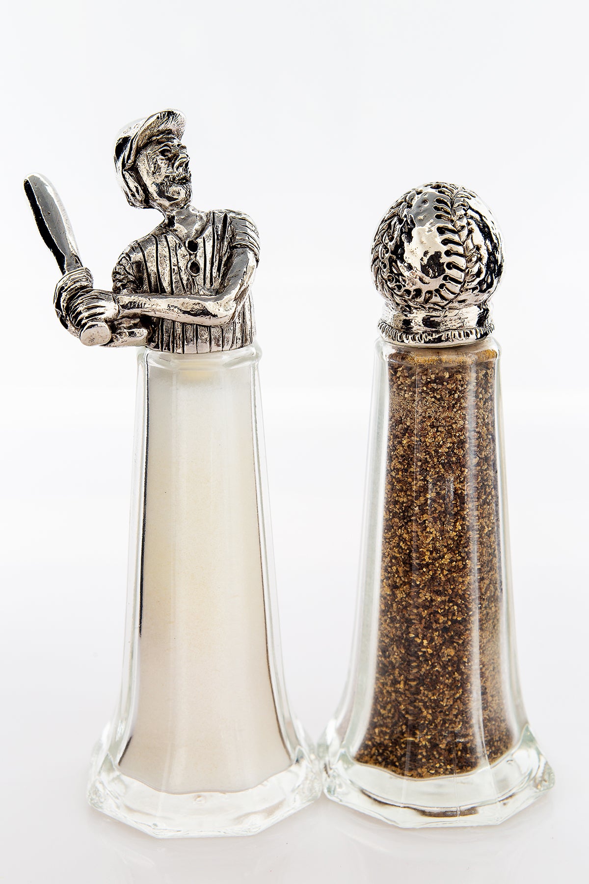 Baseball salt and pepper shaker set, handcrafted by German artist Thomas Leiblein. American pewter, made in the USA.