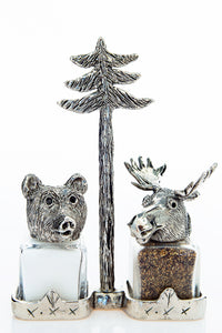 Bear and Moose salt and pepper shakers with a pine-tree carrier, handcrafted by German artist Thomas Leiblein. American pewter, made in the USA.