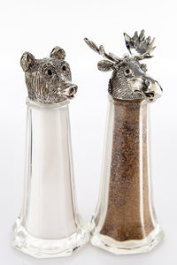 Bear and Moose salt and pepper shaker set, handcrafted by German artist Thomas Leiblein. American pewter, made in the USA.