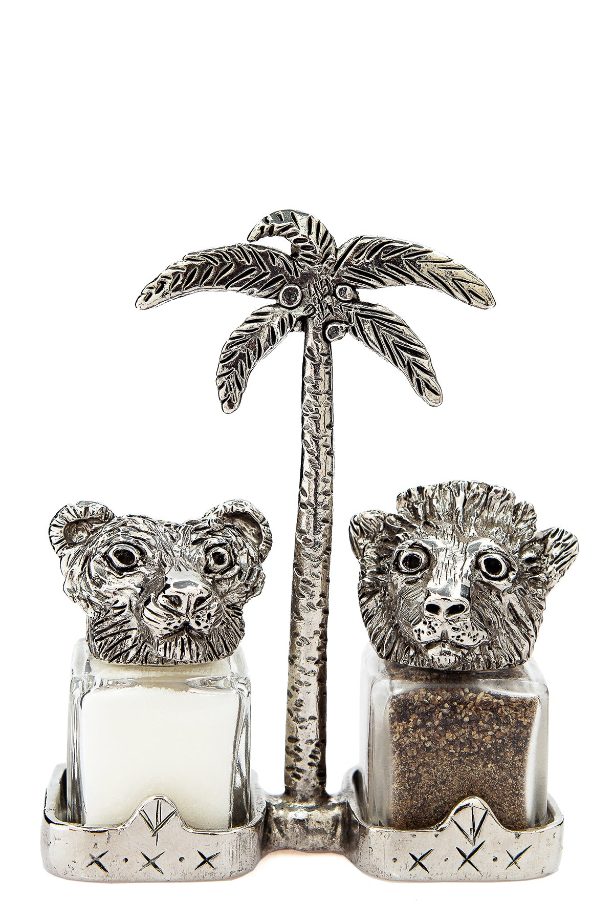 Tiger and Lion salt and pepper shakers with a palm-tree carrier, handcrafted by German artist Thomas Leiblein. American pewter, made in the USA.