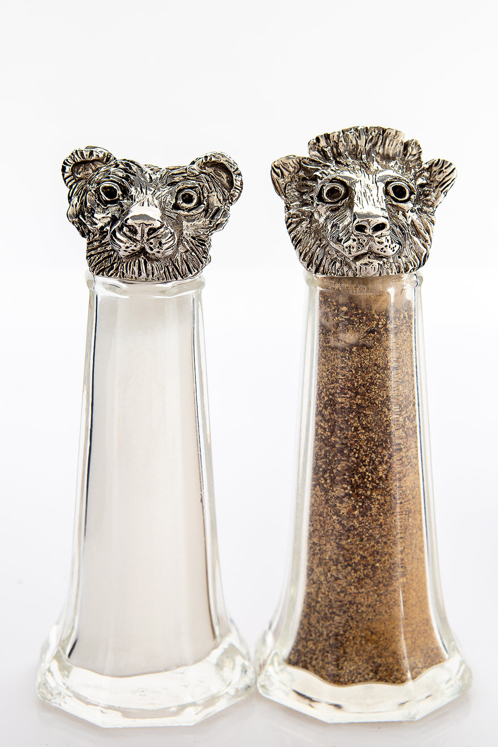 Tiger and Lion salt and pepper shaker set, handcrafted by German artist Thomas Leiblein. American pewter, made in the USA.