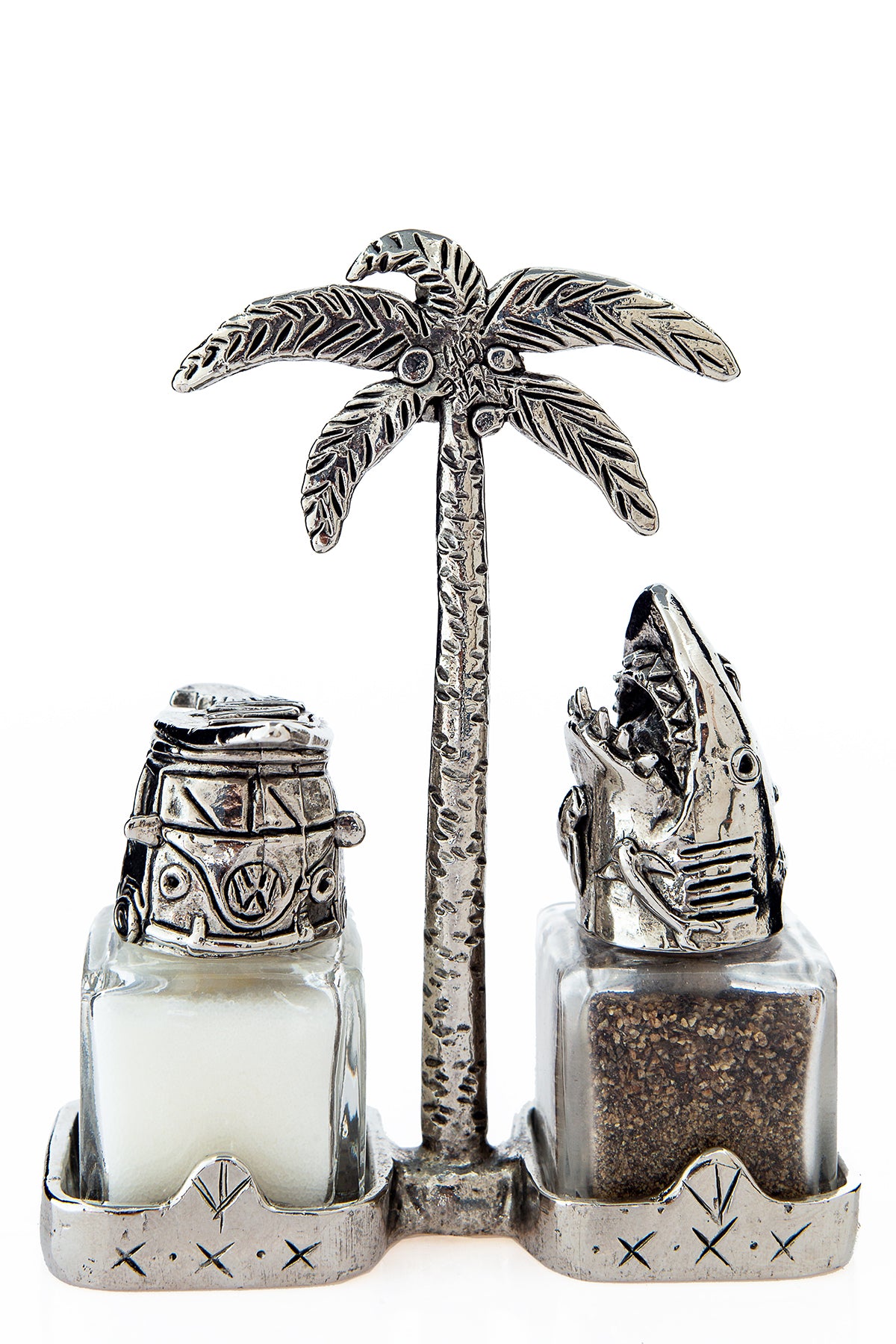 VW bus and Shark salt and pepper shakers with a palm-tree carrier, handcrafted by German artist Thomas Leiblein. American pewter, made in the USA.