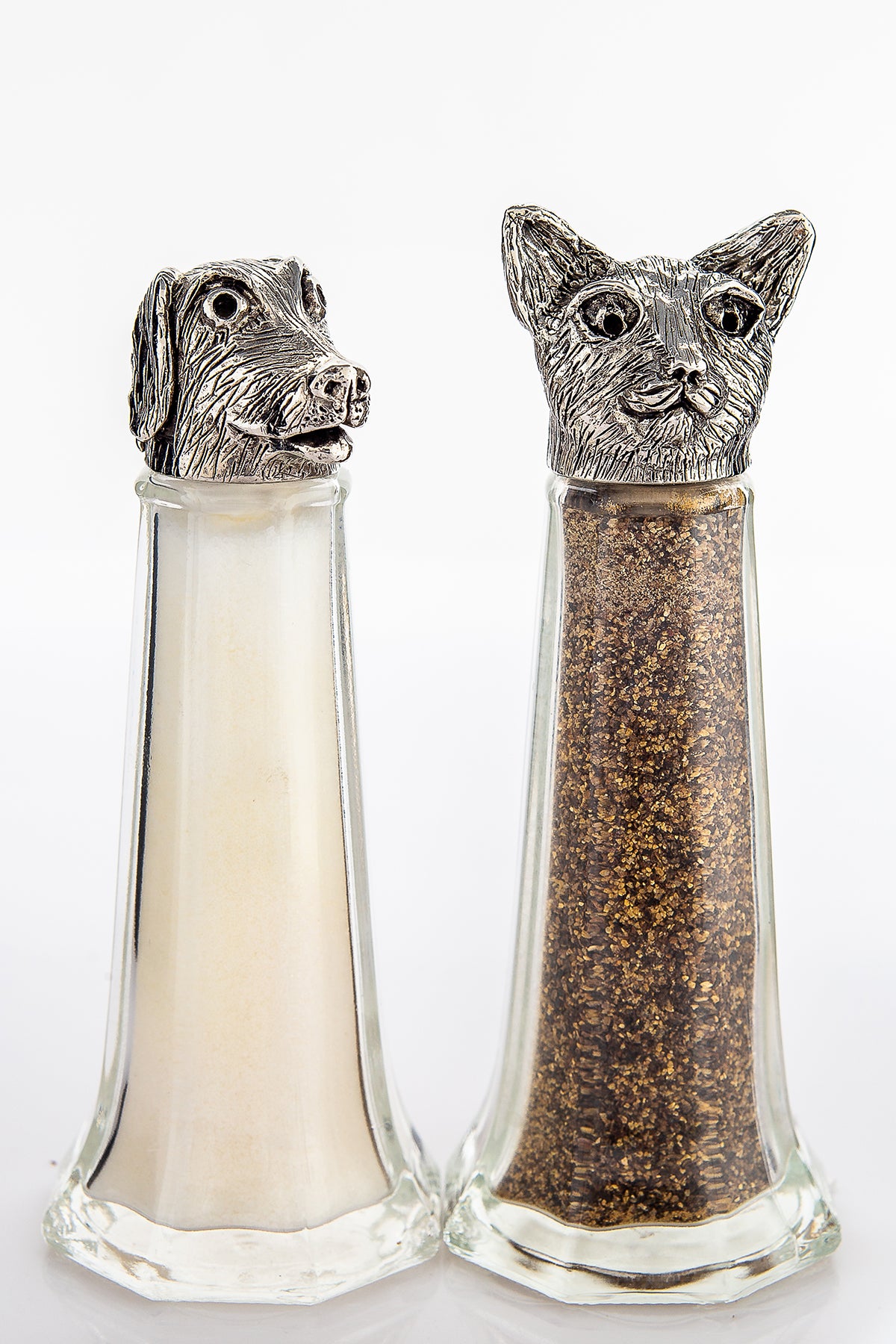 Cat and Dog salt and pepper shaker set, handcrafted by German artist Thomas Leiblein. American pewter, made in the USA.