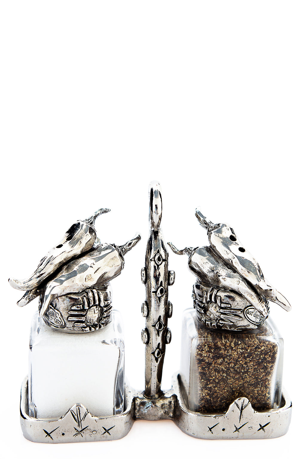 Chili Peppers salt and pepper shakers with a basket carrier, handcrafted by German artist Thomas Leiblein. American pewter, made in the USA.