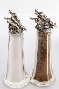 Chili Peppers salt and pepper shaker set, handcrafted by German artist Thomas Leiblein. American pewter, made in the USA.