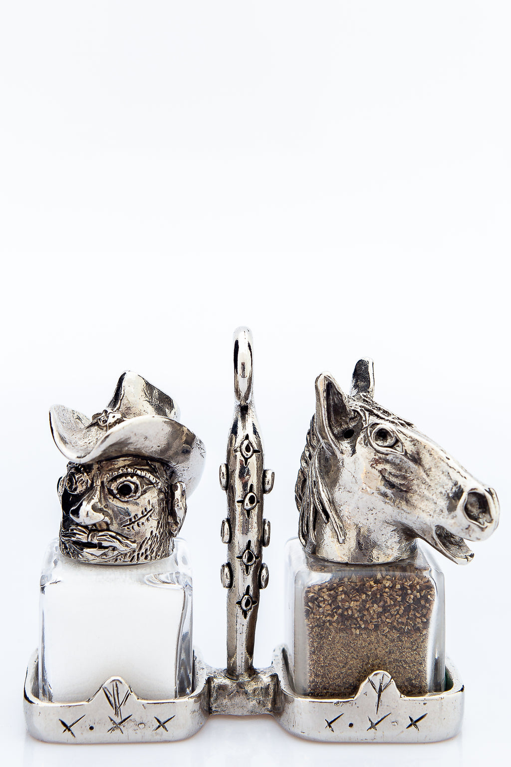 Cowboy and Horse salt and pepper shakers with a basket carrier, handcrafted by German artist Thomas Leiblein. American pewter, made in the USA.