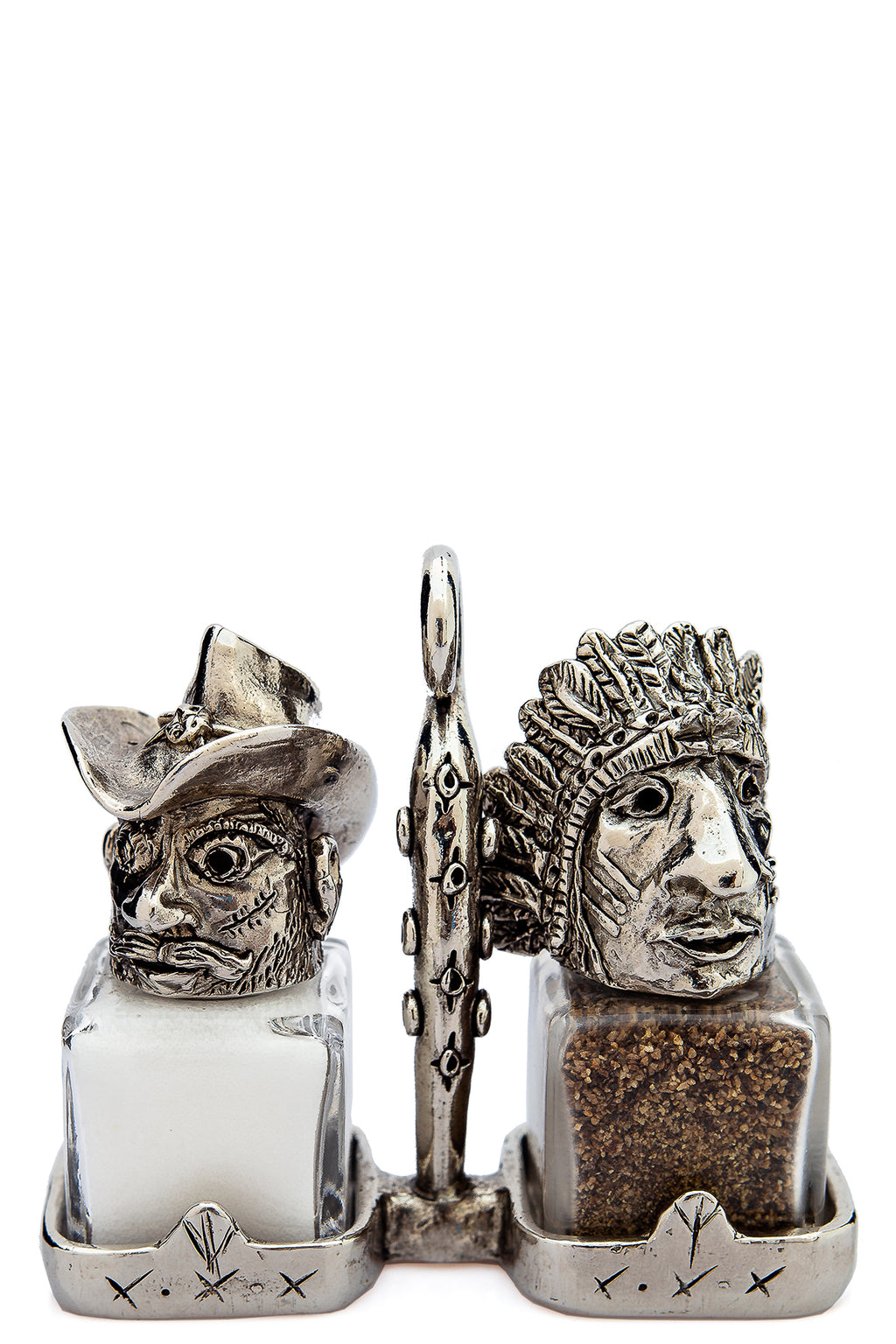 Cowboy and Indian salt and pepper shakers a with basket carrier, handcrafted by German artist Thomas Leiblein. American pewter, made in the USA.