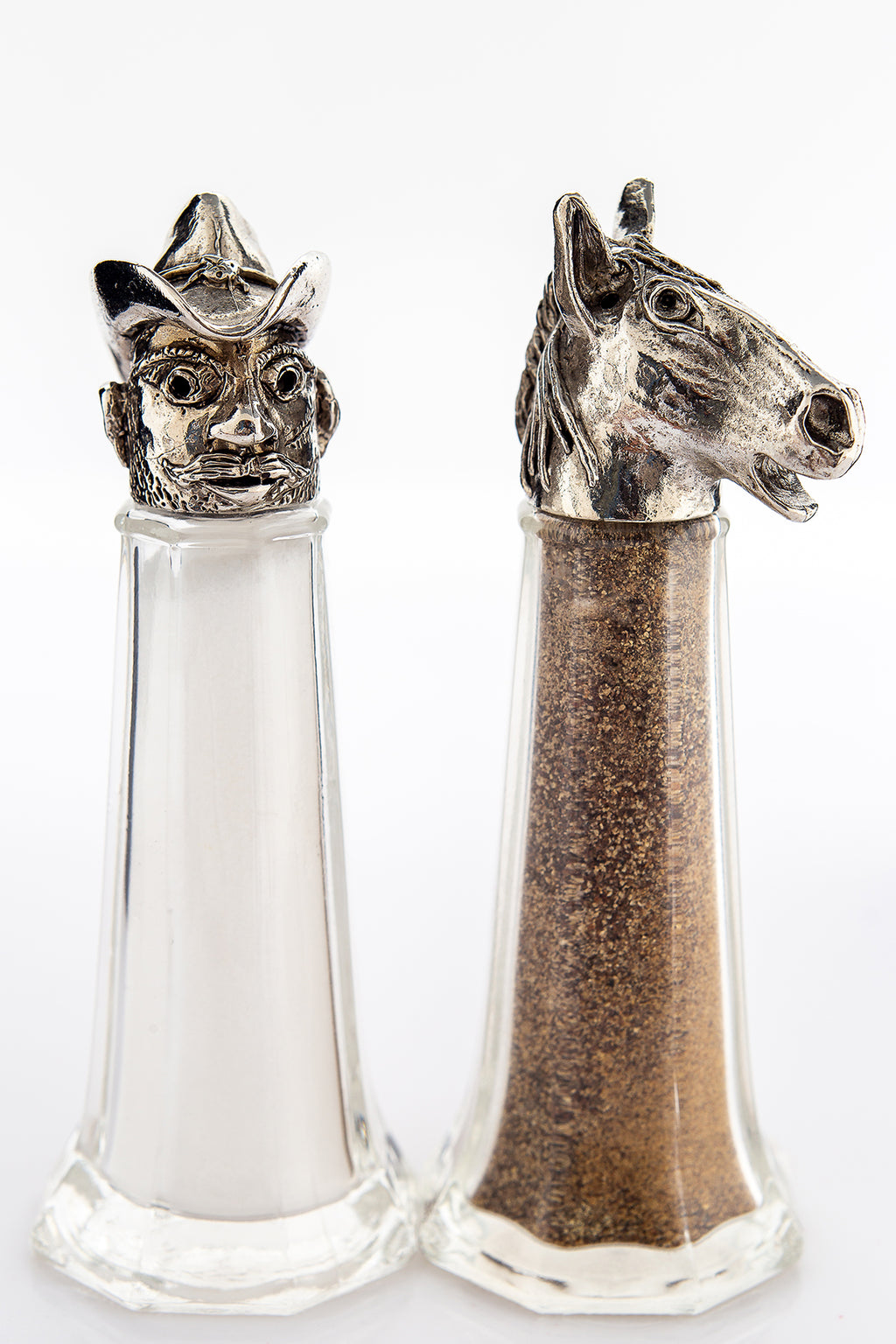 Cowboy and Horse salt and pepper shaker set, handcrafted by German artist Thomas Leiblein. American pewter, made in the USA.