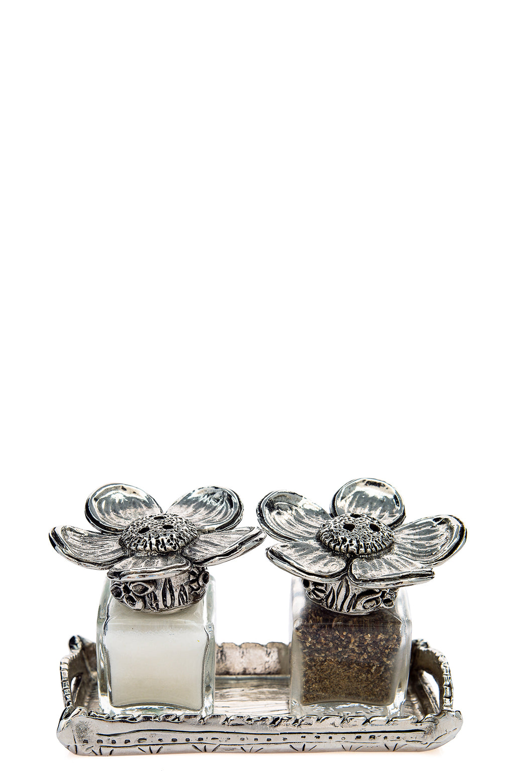 Daisy salt and pepper shakers with a tray carrier, handcrafted by German artist Thomas Leiblein. American pewter, made in the USA.