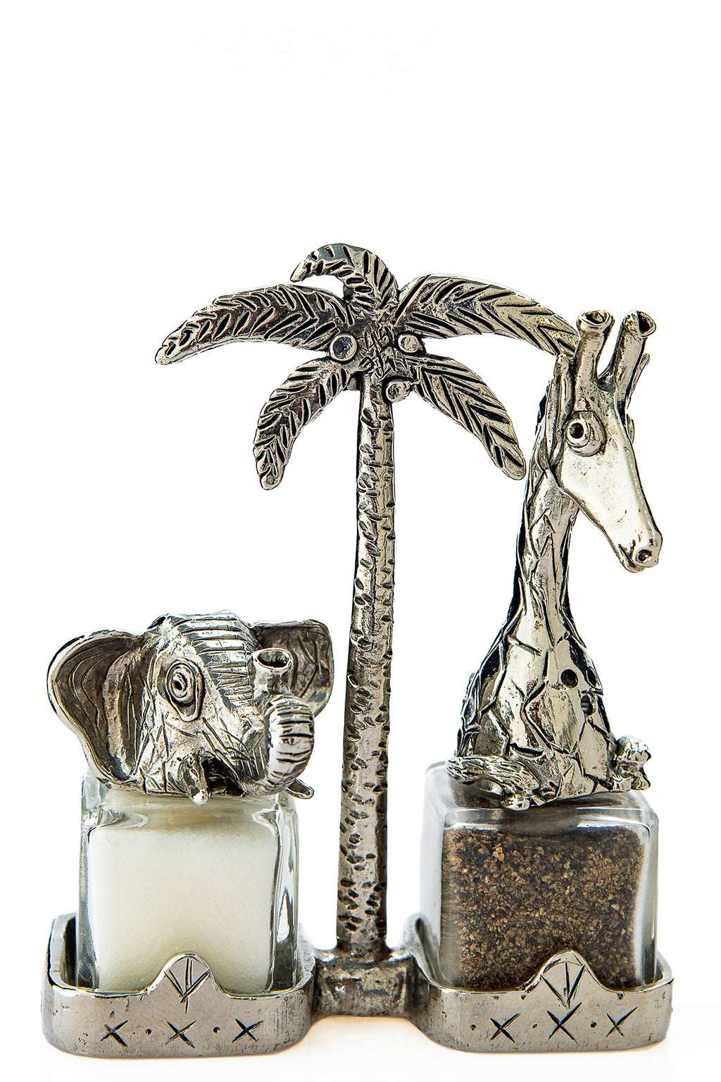 Elephant and Giraffe salt and pepper shakers with a palm-tree carrier, handcrafted by German artist Thomas Leiblein. American pewter, made in the USA.