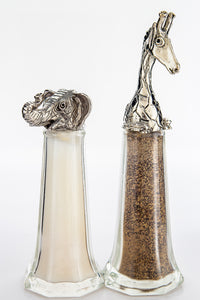 Elephant and Giraffe salt and pepper shaker set, handcrafted by German artist Thomas Leiblein. American pewter, made in the USA.