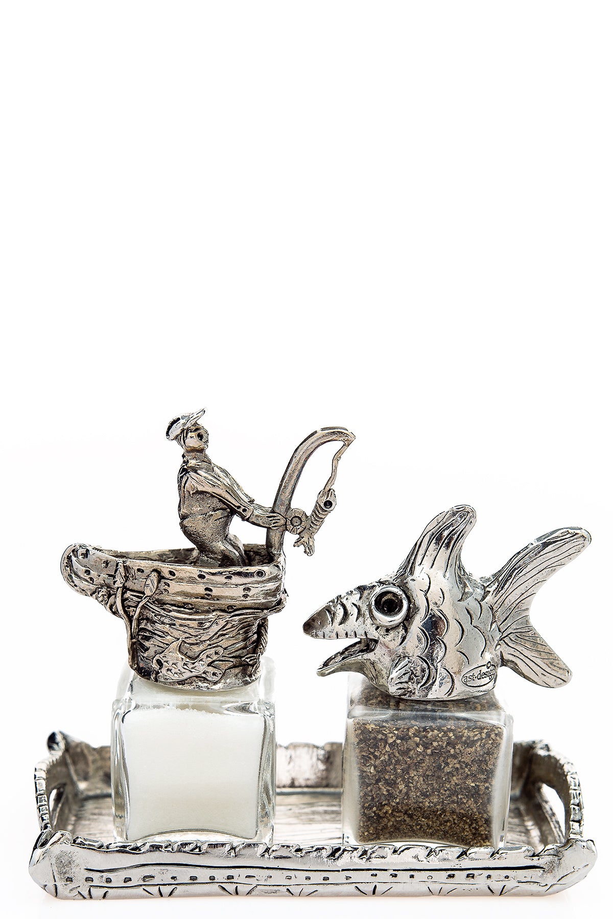 Fish and Fisherman salt and pepper shakers with a tray carrier, handcrafted by German artist Thomas Leiblein. American pewter, made in the USA.