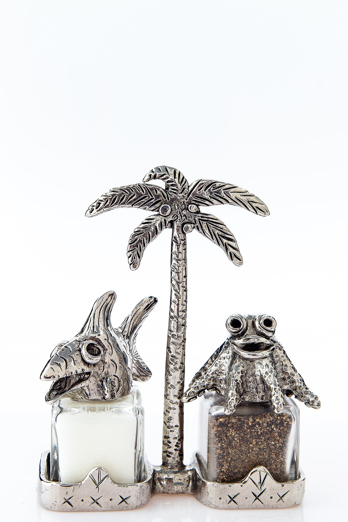 Fish and Octopus salt and pepper shakers with a palm-tree carrier, handcrafted by German artist Thomas Leiblein. American pewter, made in the USA.