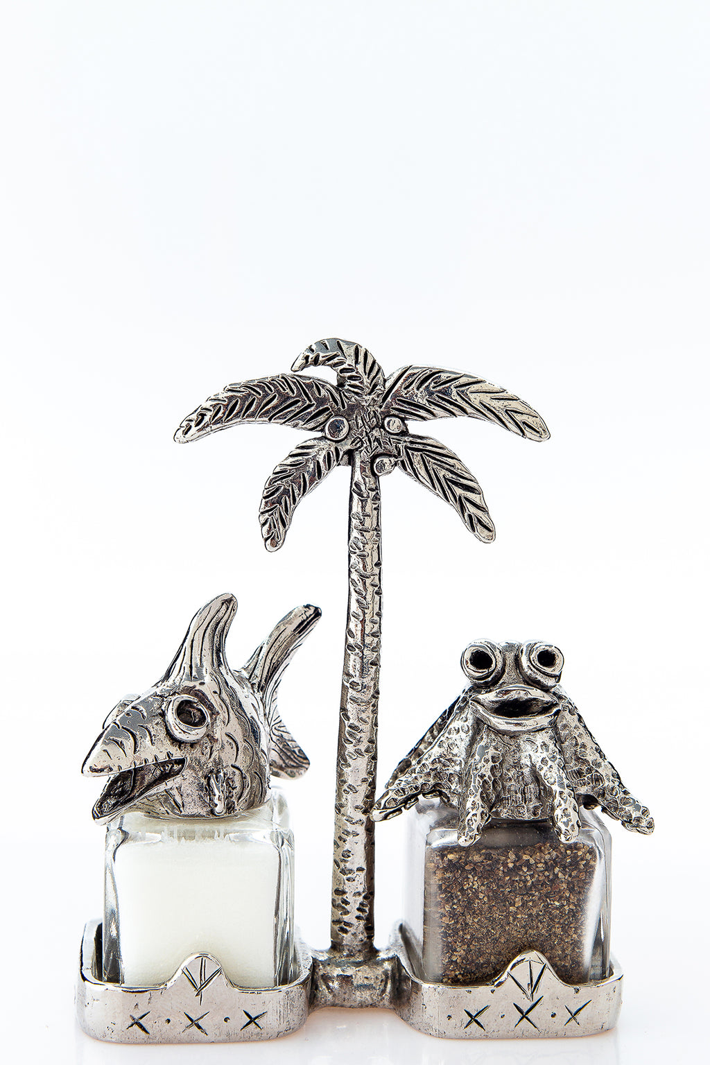 Fish and Octopus salt and pepper shakers with a palm-tree carrier, handcrafted by German artist Thomas Leiblein. American pewter, made in the USA.