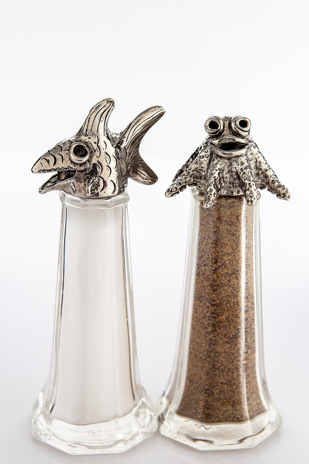 Fish and Octopus salt and pepper shaker set, handcrafted by German artist Thomas Leiblein. American pewter, made in the USA.