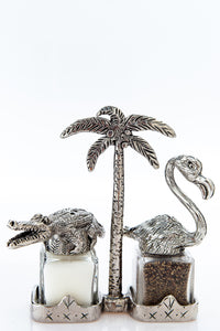 Alligator and Flamingo salt and pepper shakers with a palm-tree carrier, handcrafted by German artist Thomas Leiblein. American pewter, made in the USA.