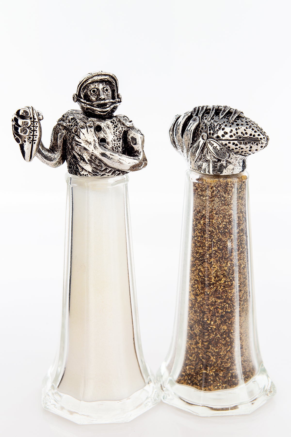 Football salt and pepper shaker set, handcrafted by German artist Thomas Leiblein. American pewter, made in the USA.