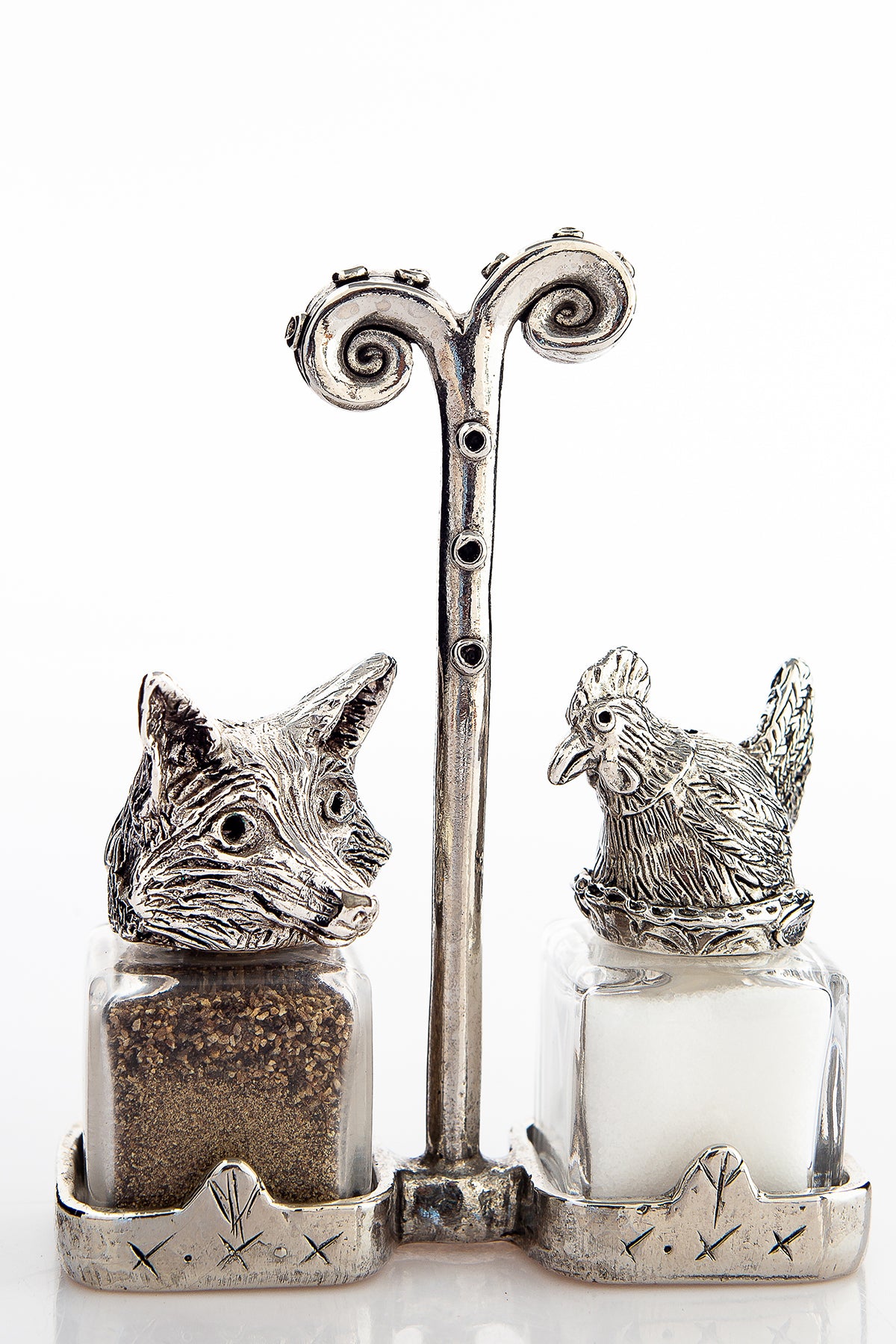 Fox in the Henhouse salt and pepper shakers with a Renaissance carrier, handcrafted by German artist Thomas Leiblein. American pewter, made in the USA.