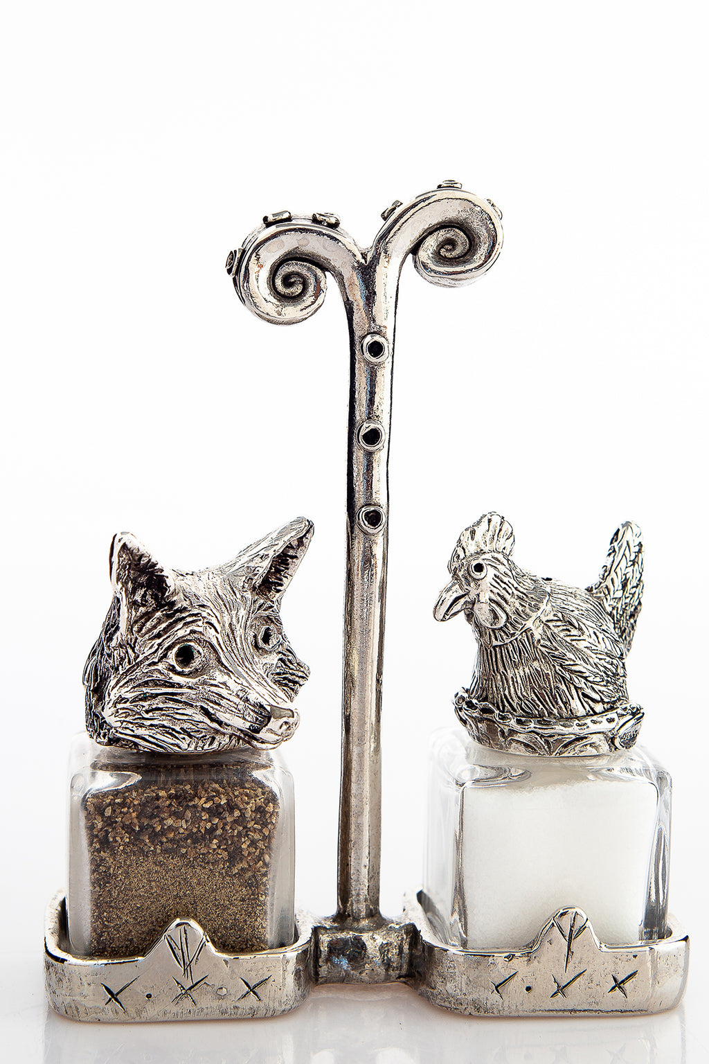 Fox in the Henhouse salt and pepper shakers with a Renaissance carrier, handcrafted by German artist Thomas Leiblein. American pewter, made in the USA.