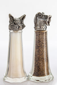 Fox and the Hound salt and pepper shaker set, handcrafted by German artist Thomas Leiblein. American pewter, made in the USA.
