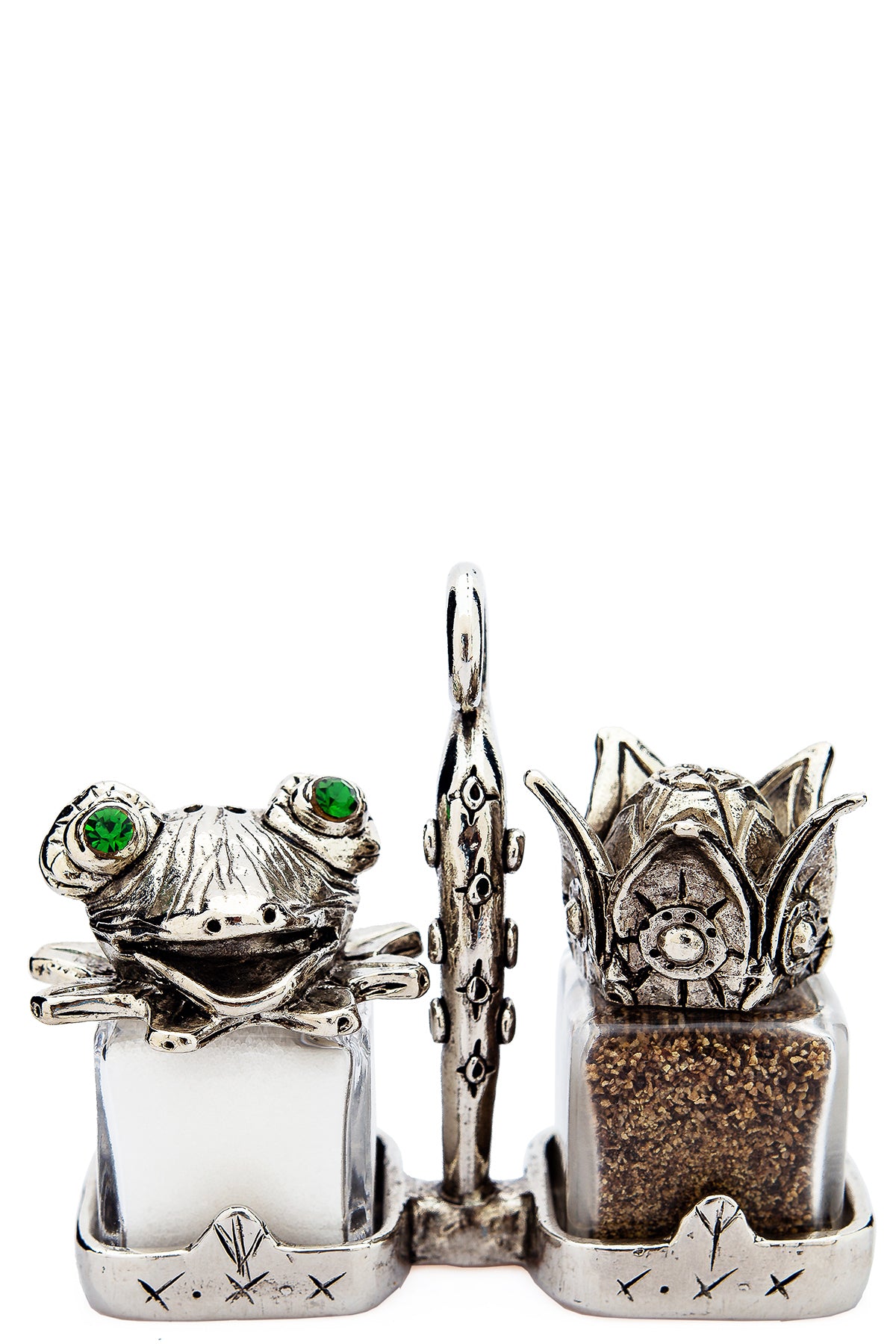 Frog and Prince salt and pepper shakers with a basket carrier, handcrafted by German artist Thomas Leiblein. American pewter, made in the USA.