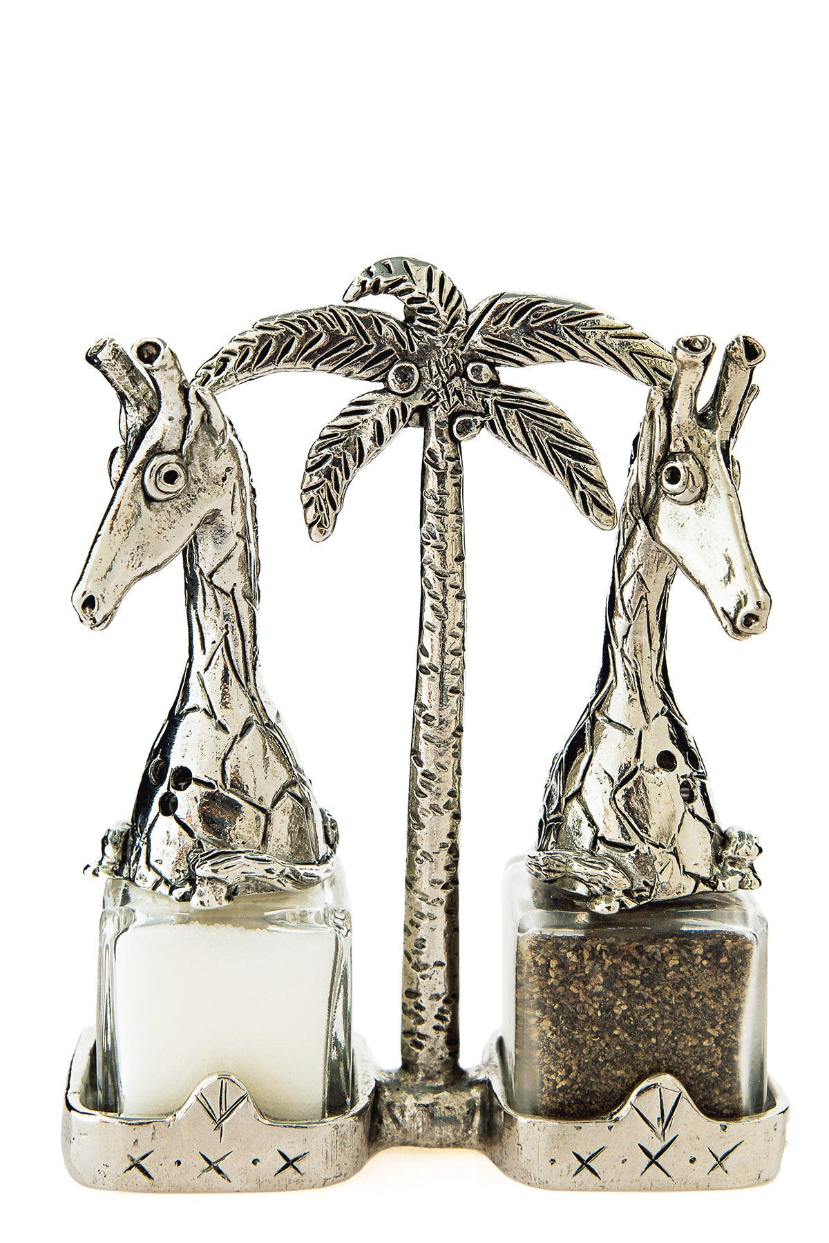 Giraffe salt and pepper shakers with a palm-tree carrier, handcrafted by German artist Thomas Leiblein. American pewter, made in the USA.