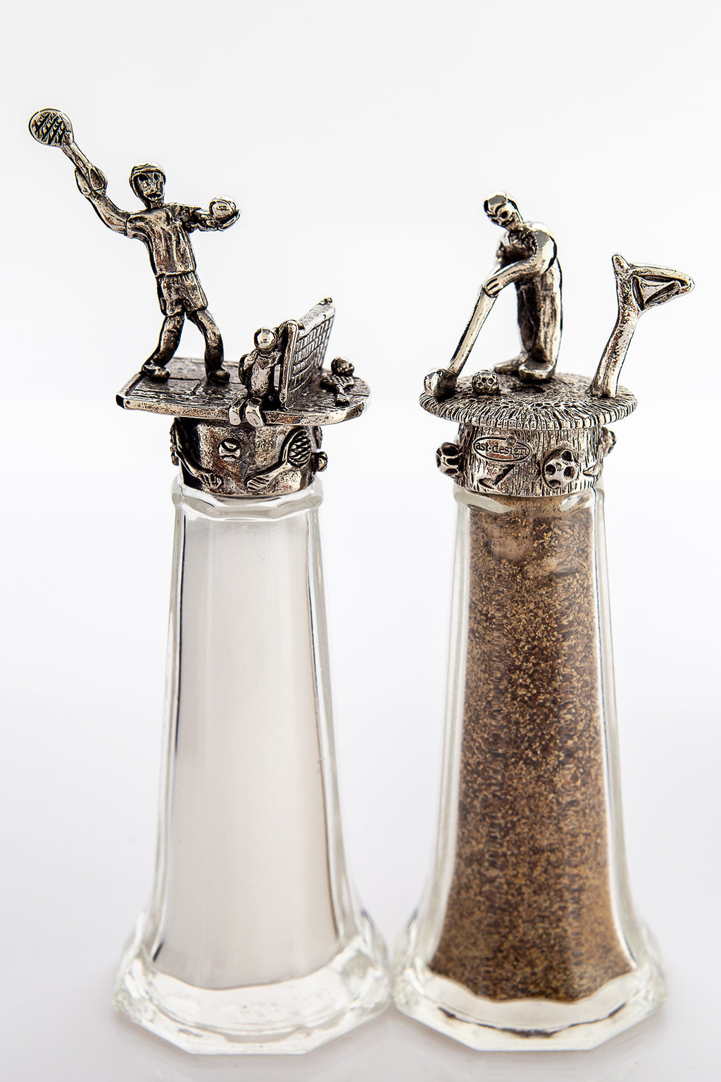 Golf and Tennis salt and pepper shaker set, handcrafted by German artist Thomas Leiblein. American pewter, made in the USA.