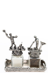 Golf and Tennis salt and pepper shakers with a tray carrier, handcrafted by German artist Thomas Leiblein. American pewter, made in the USA.