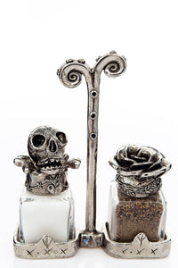 Skull and Rose salt and pepper shakers with a Renaissance carrier, handcrafted by German artist Thomas Leiblein. American pewter, made in the USA.