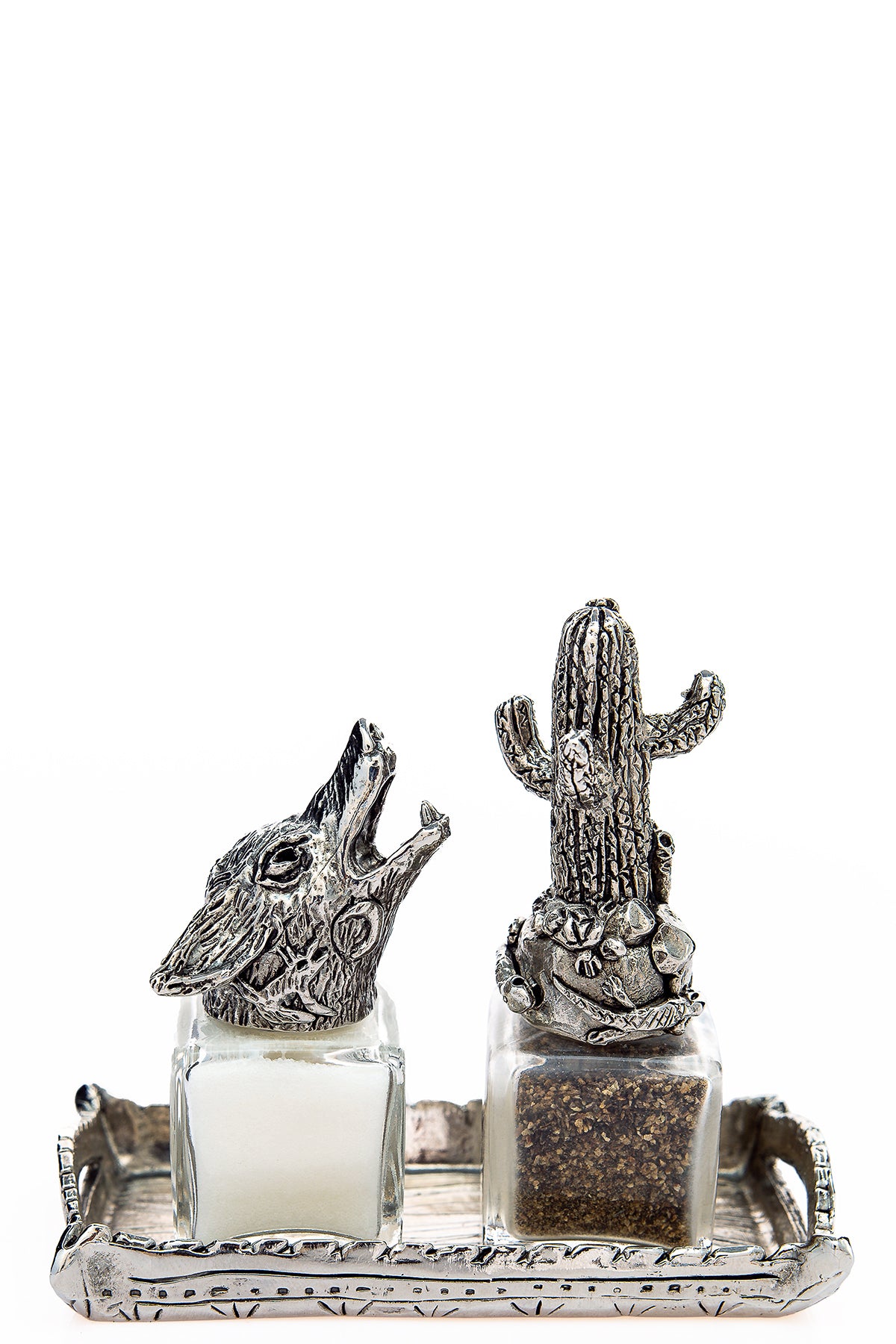 Howling Coyote and Cactus salt and pepper shakers with a tray carrier, handcrafted by German artist Thomas Leiblein. American pewter, made in the USA.