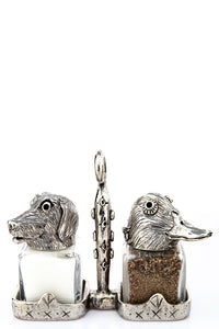 Retriever dog and Duck salt and pepper shakers with a basket carrier, handcrafted by German artist Thomas Leiblein. American pewter, made in the USA.