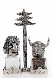 Indian and Buffalo salt and pepper shakers with a pine-tree carrier, handcrafted by German artist Thomas Leiblein. American pewter, made in the USA.
