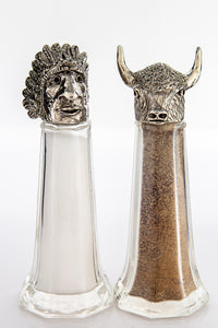 Indian and Buffalo salt and pepper shaker set, handcrafted by German artist Thomas Leiblein. American pewter, made in the USA.