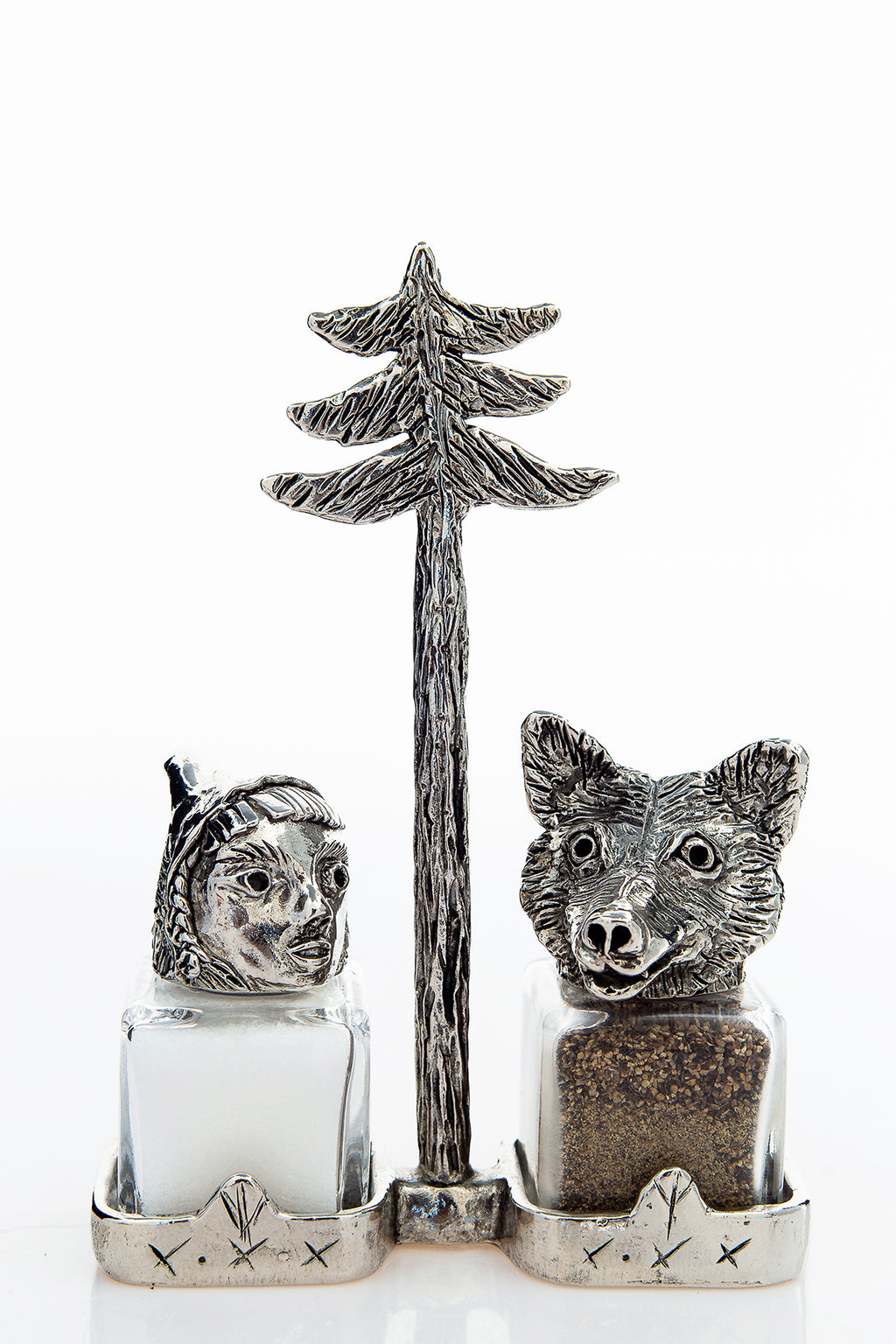 Little red riding Hood and Wolf salt and pepper shakers with a pine-tree carrier, handcrafted by German artist Thomas Leiblein. American pewter, made in the USA.