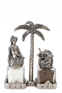 Mermaid and happy Crab salt and pepper shakers with a palm-tree carrier, handcrafted by German artist Thomas Leiblein. American pewter, made in the USA.