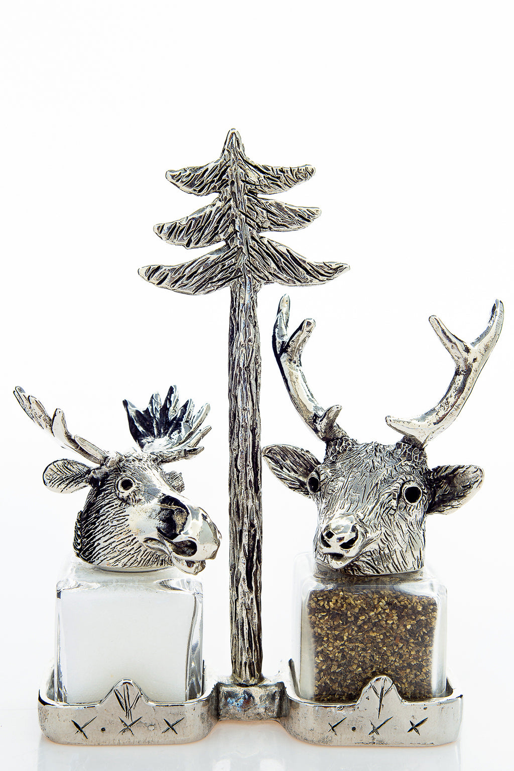 Moose and Stag salt and pepper shakers with a pine-tree carrier, handcrafted by German artist Thomas Leiblein. American pewter, made in the USA.