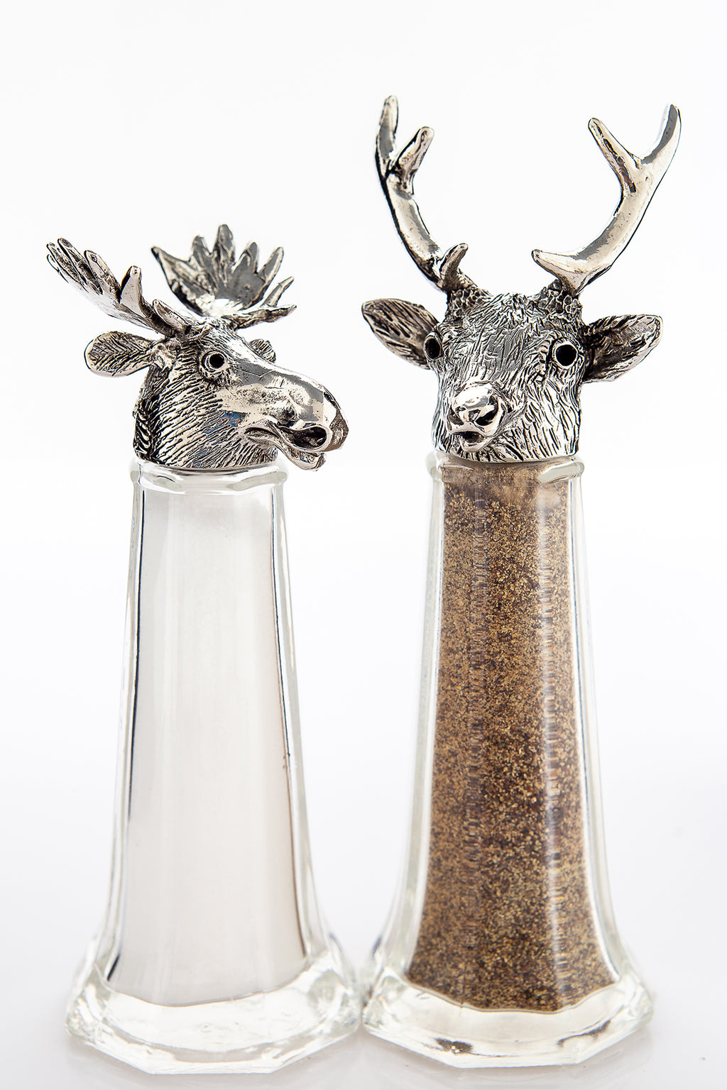 Moose and Stag salt and pepper shaker set, handcrafted by German artist Thomas Leiblein. American pewter, made in the USA.