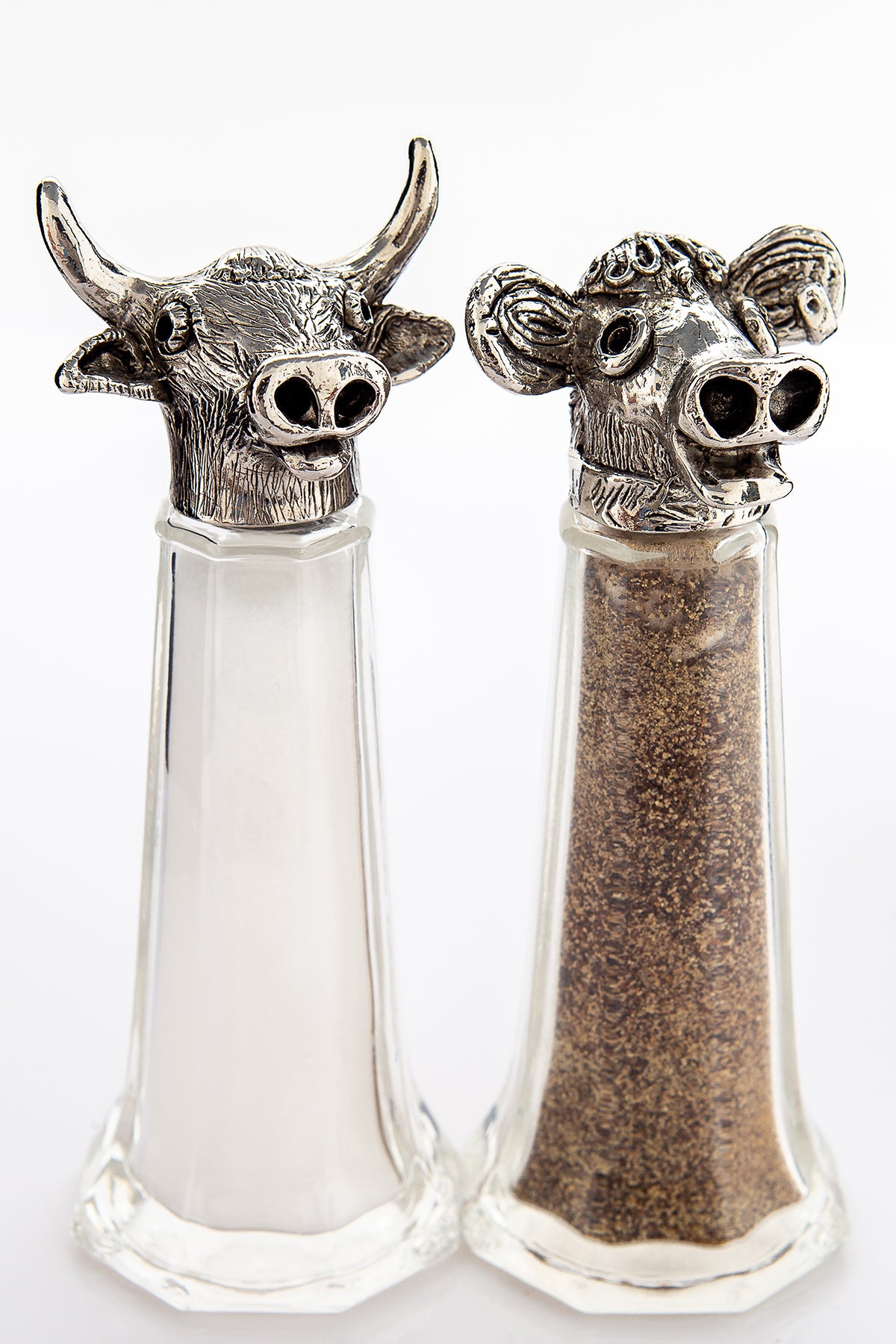 Bull and Cow salt and pepper shaker set, handcrafted by German artist Thomas Leiblein. American pewter, made in the USA.