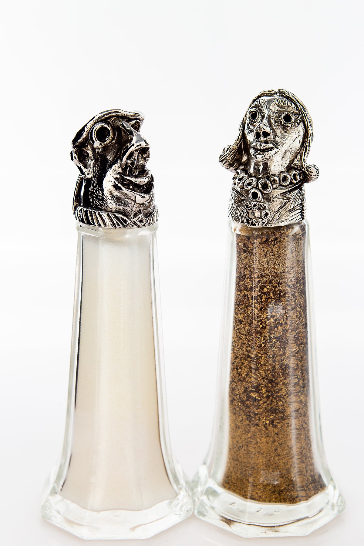 Man and Woman salt and pepper shaker set, handcrafted by German artist Thomas Leiblein. American pewter, made in the USA.