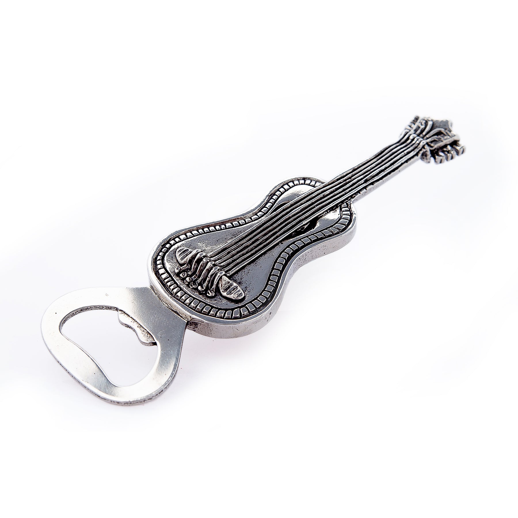 Beer bottle opener in the shape of a guitar. American pewter.