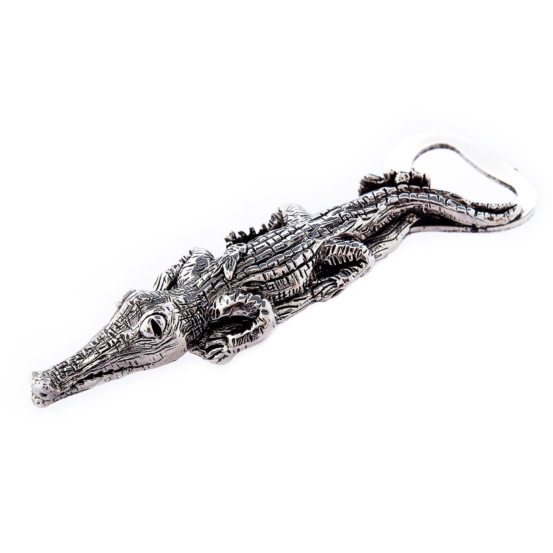 Beer bottle opener in the shape of an Alligator. American pewter