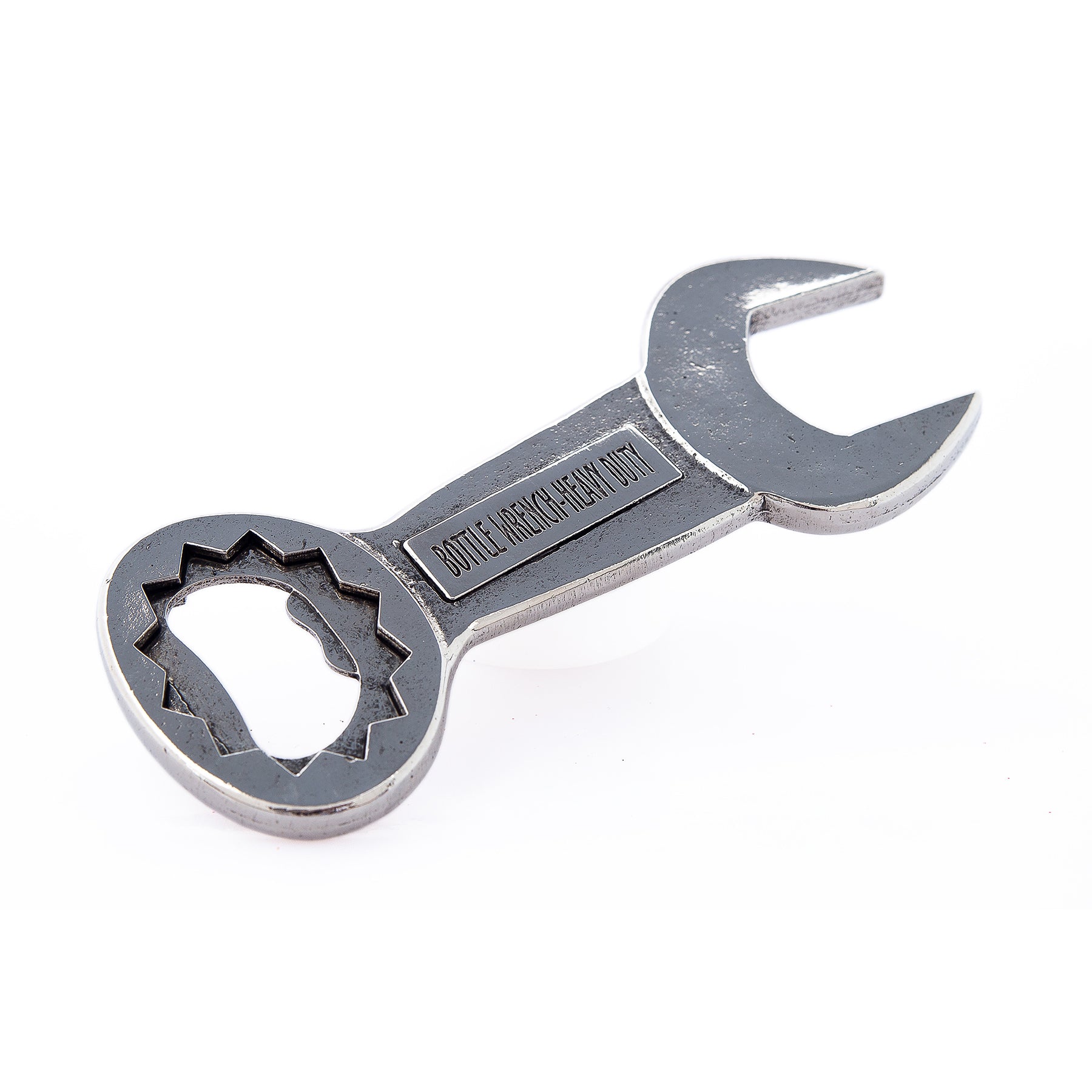 Beer bottle opener in the shape of a 3/4" wrench. American pewter.