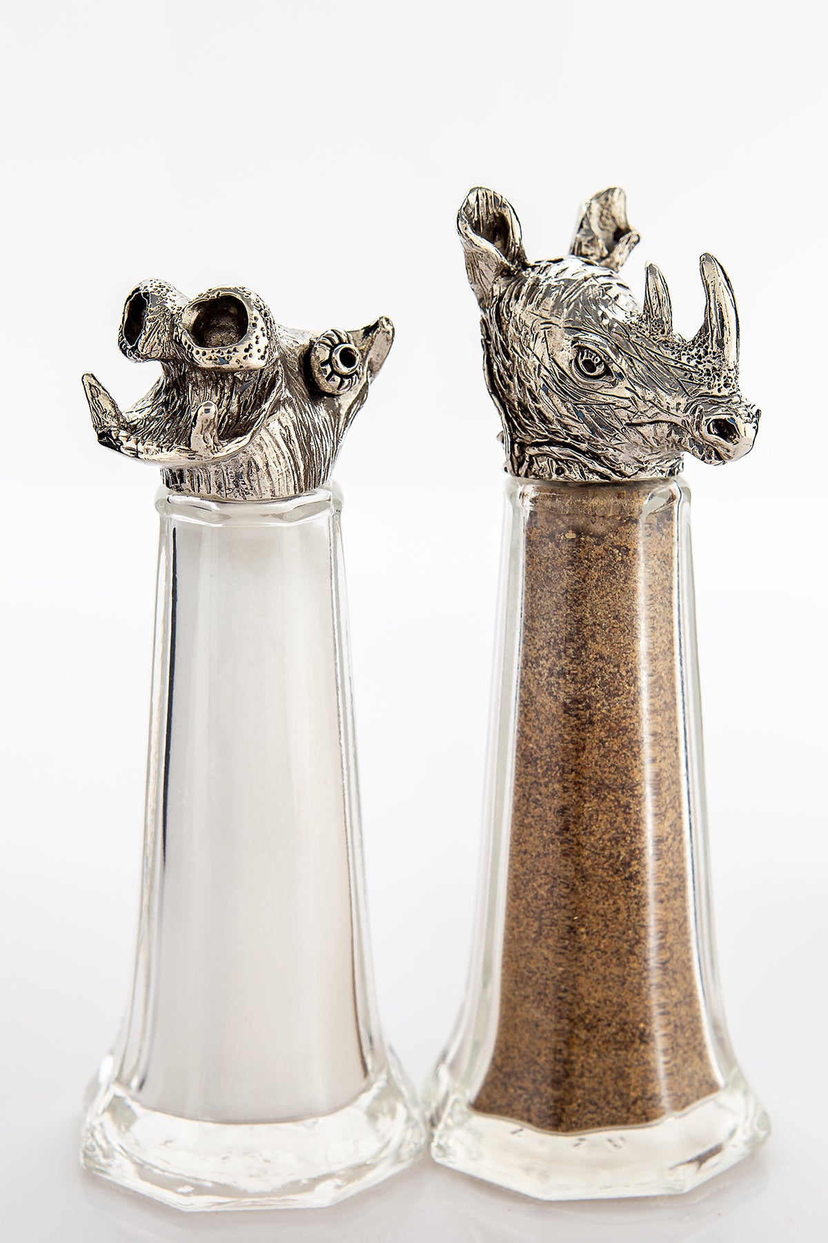 Hippo and Rhino salt and pepper shaker set, handcrafted by German artist Thomas Leiblein. American pewter, made in the USA.