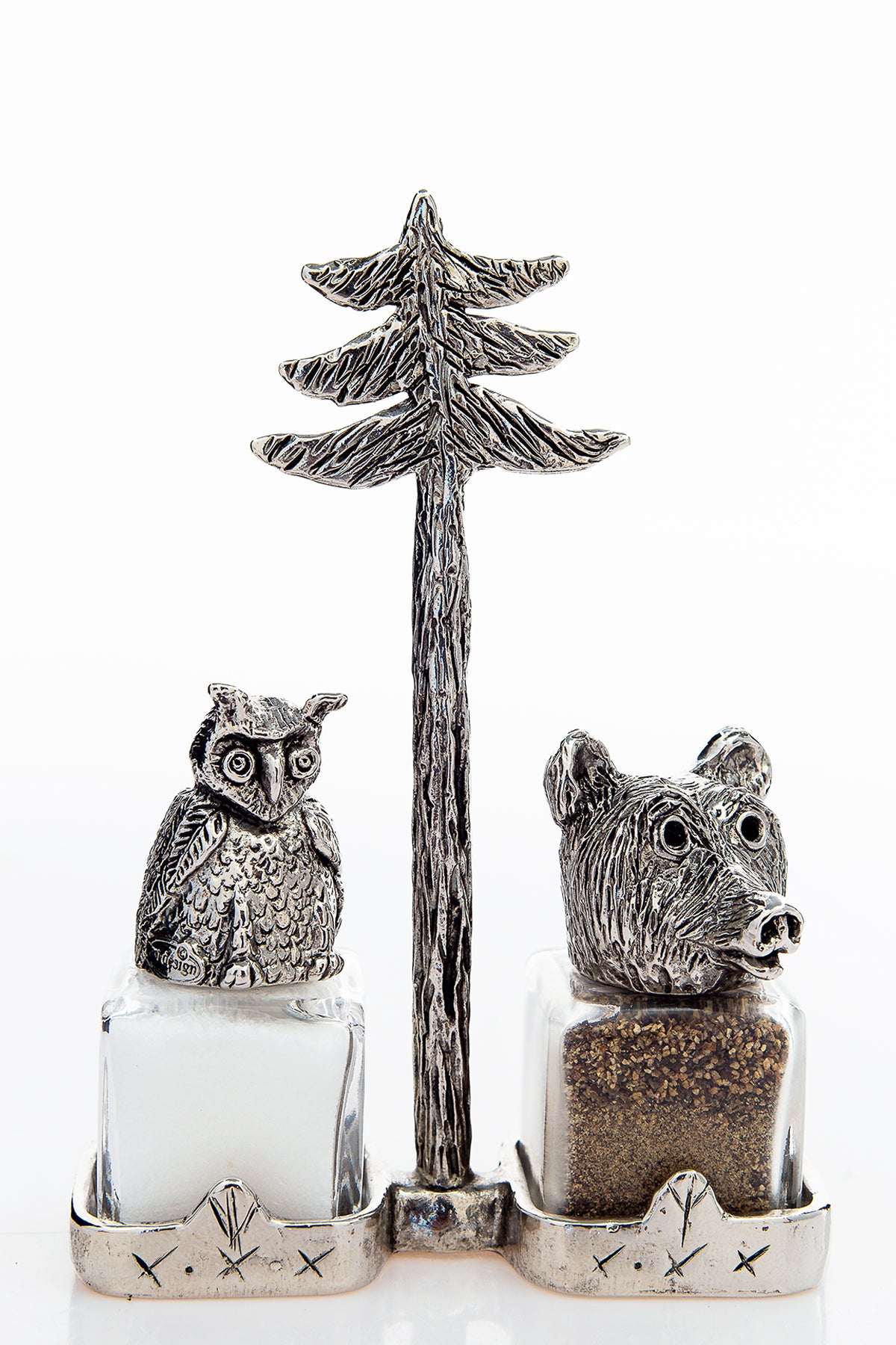 Owl and Bear salt and pepper shakers with a pine-tree carrier, handcrafted by German artist Thomas Leiblein. American pewter, made in the USA.