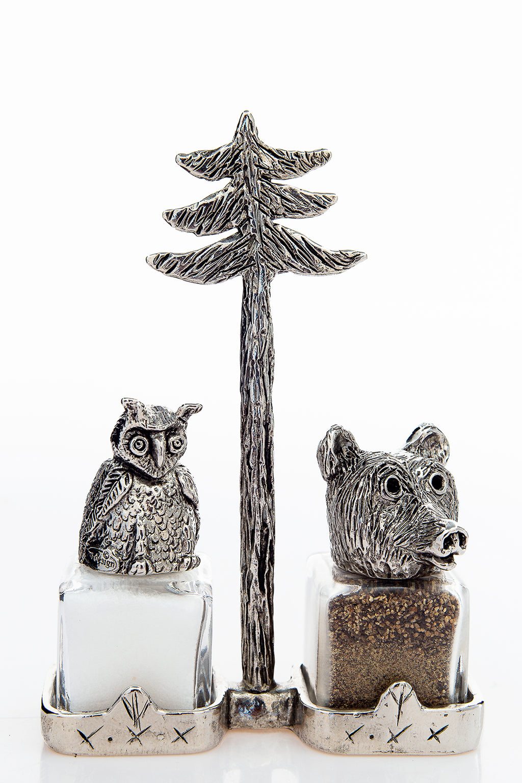 Owl and Bear salt and pepper shakers with a pine-tree carrier, handcrafted by German artist Thomas Leiblein. American pewter, made in the USA.